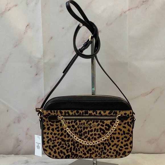 NWT Michael Kors Crossbody Jet Set Bag Brown and Black Leopard Print - Picture 1 of 8